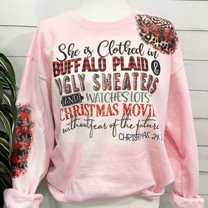 Buffalo Plaid and Christmas Movies Bleached Pink Sweatshirt